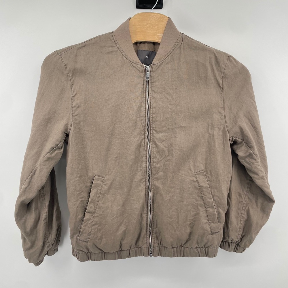 H&M Bomber Jacket Men Size M Brown Linen Blend Full Zip Lightweight Outerwear